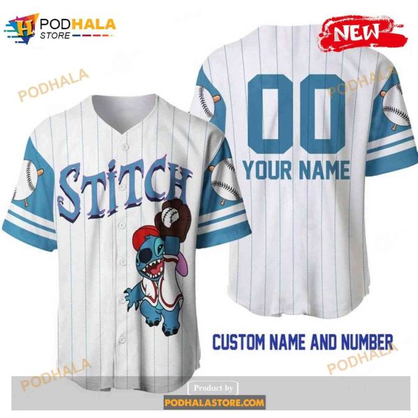 Personalized Stitch Disney All Over Print Pinstripe White Baseball Jersey