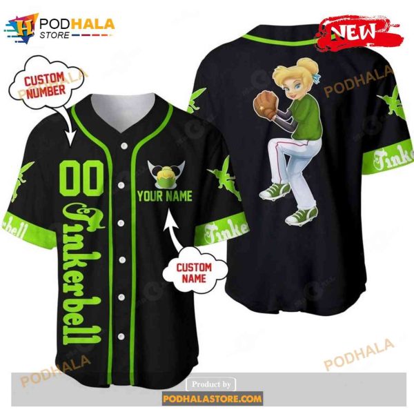 Personalized Tinker Bell Playing Baseball All Over Print Black Baseball Jersey