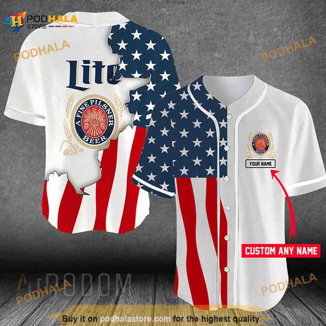 Personalized US Flag Miller Lite 3D Baseball Jersey - Bring Your Ideas,  Thoughts And Imaginations Into Reality Today