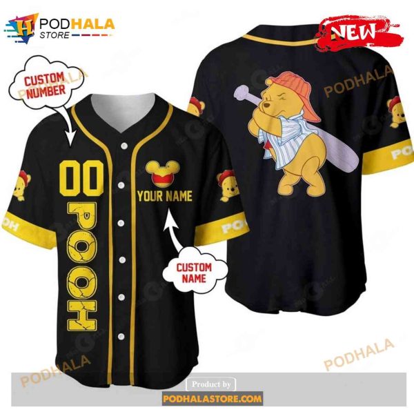 Personalized Winnie The Pooh Playing Baseball All Over Print Black Baseball Jersey