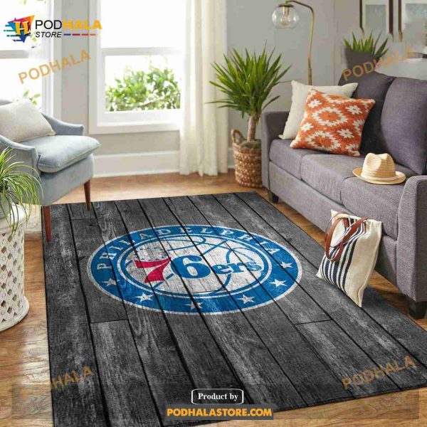 Philadelphia 76ers Nba Team Logo Grey Wooden Home Decor Gift Rectangle Area Rug