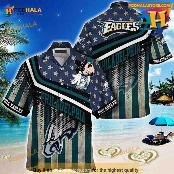 Philadelphia Eagles NFL Hawaiian Shirt, Mickey American Flag Printed 3D Shirt Gift