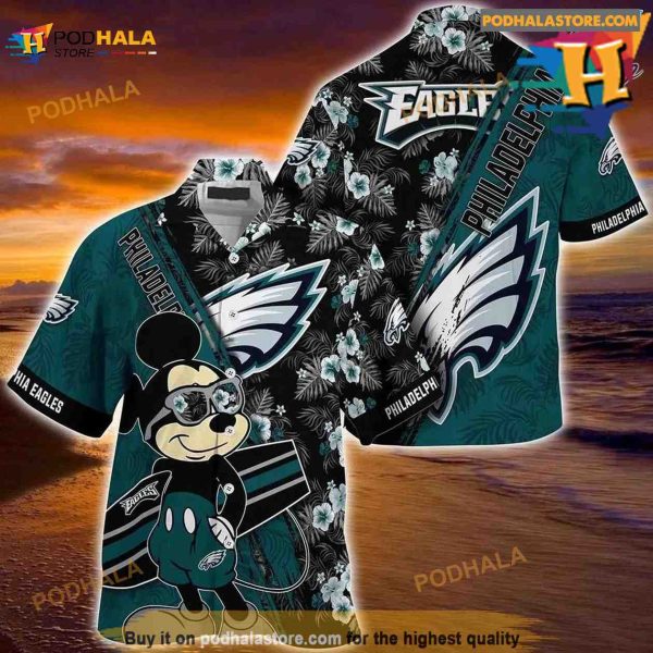 Philadelphia Eagles NFL Hawaiian Shirt, Mickey Print Floral Pattern Summer For Sports Fans