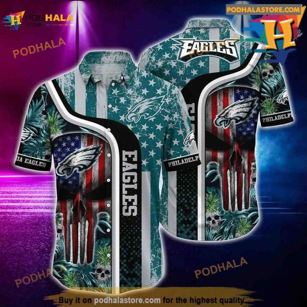 Philadelphia Eagles NFL Hawaiian Shirt, Tropical Pattern Skull Punisher 3D Printed Gift