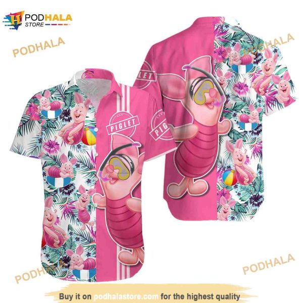 Piglet Pink Floral Hawaiian Shirt, Beach Pattern Disney Button Down Shirt