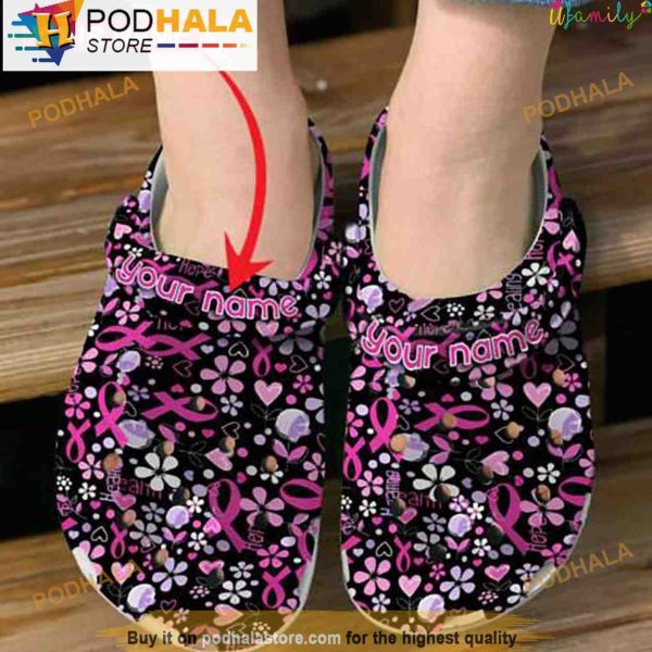 Pink Ribbon Floral Pattern Custom Name 3D Crocs, Funny Crocs