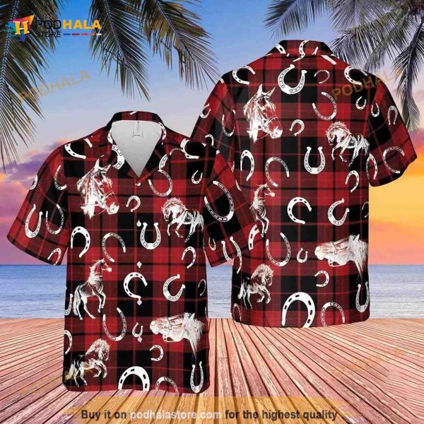 Plaid Pattern Horse All Over Printed 3D Hawaiian Shirt, Gifts For Horse Lovers