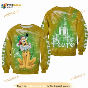 Pluto Dog Castle Fireworks Green Yellow Disney 3D Sweater