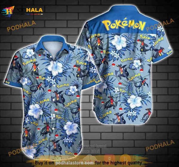 Pokemon Garchomp Hibiscus Funny 3D Hawaiian Shirt