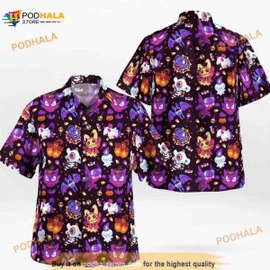Pokemon Halloween Hawaiian Shirt, Cartoon Button Up Retro Shirt, Pokemon Costume Gift