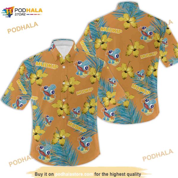 Pokemon Mudkip Hibiscus Flower Pattern Hawaiian Shirt, Pokemon Birthday Aloha Shirt