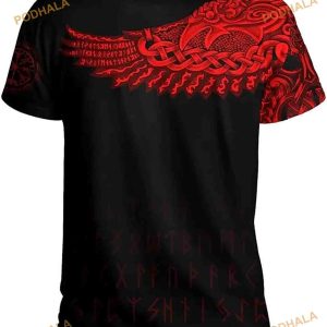 Print Viking Odin Crow 3D Shirt, Norse Mythology Men Rune Tattoo Fashion
