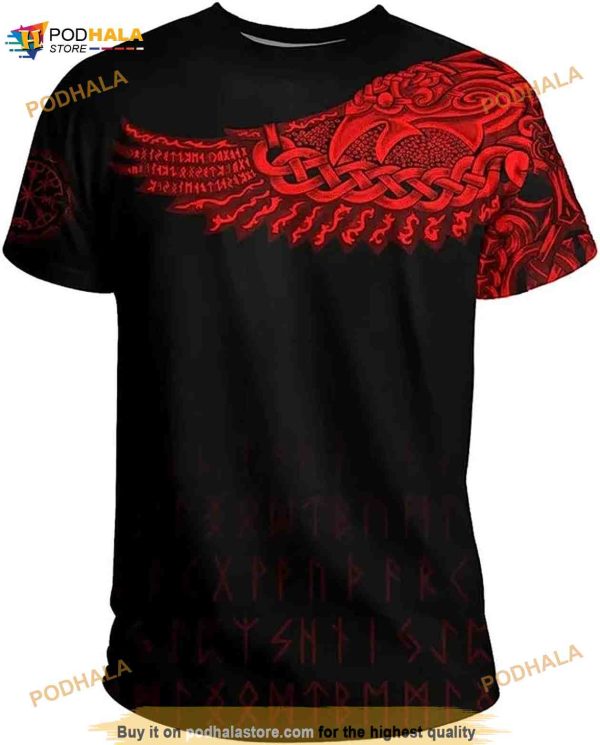 Print Viking Odin Crow 3D Shirt, Norse Mythology Men Rune Tattoo Fashion
