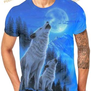 Printed Short-sleeved 3D Shirt Men Planet Blue Wolf Head Top