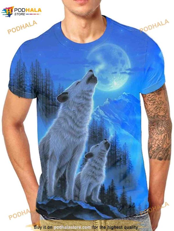 Printed Short-sleeved 3D Shirt Men Planet Blue Wolf Head Top