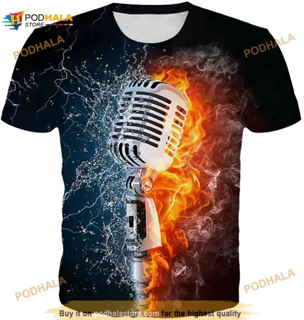 Printed Water And Fire Microphone Graphic 3D Shirt