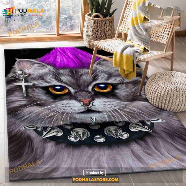 Punk Rock Cat With Mohawk Area Rug For Christmas Bedroom Home Us Decor