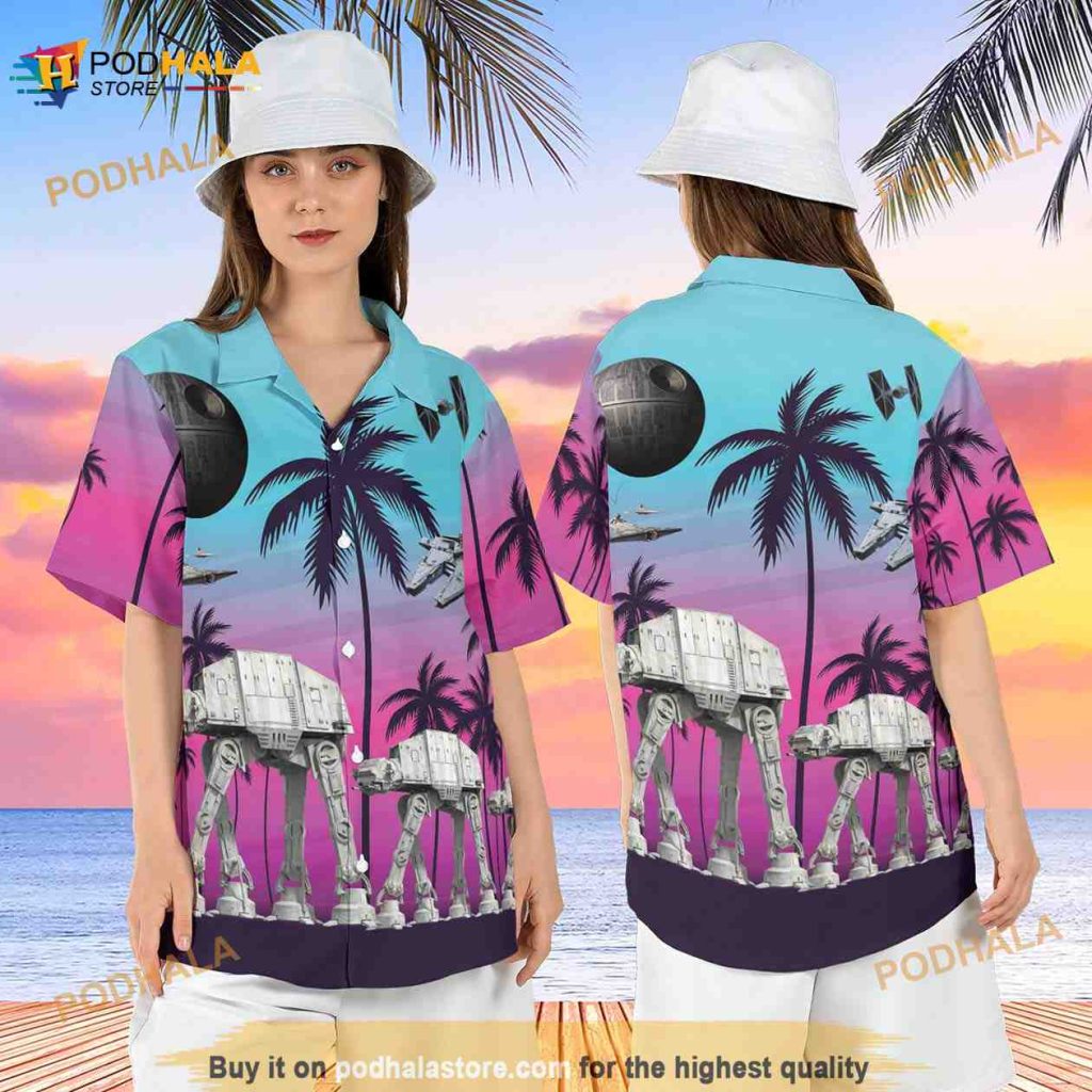 Star Wars At At Walker Hawaiian Shirt, Spaceships Palm Tree Hawaii Shirt, Galaxy’s Edge Aloha