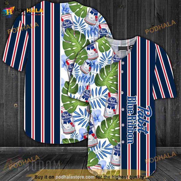 Striped Tropical Hawaii Pabst Blue Ribbon 3D Baseball Jersey Shirt
