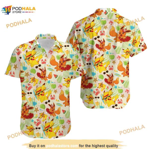 Summer Eevee Pokemon Hawaiian Shirt, Pkm Anime Button Up Shirt