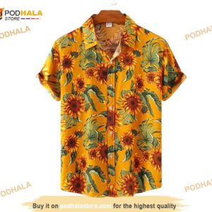 Summer Men's Sunflower Print Hawaiian Shirt, Casual Tropical Beach Shirt