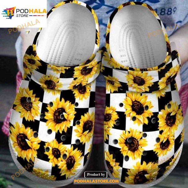 Sunflower White And Black Crocs Clog Shoes
