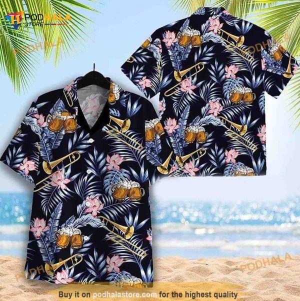 Trombone Beer Summer Cool Leaf Hawaiian Shirt, Beer Hawaiian Shirt, Gift For Bear Lovers, Summer Party Shirt, Hawaii Style