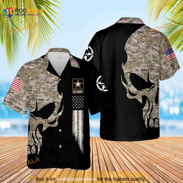 US Army US Veteran Camo Pattern Skull Hawaiian Shirt
