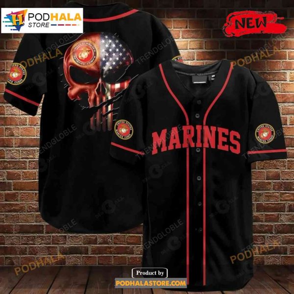 Us Marine Skull Design Baseball Jersey Shirt