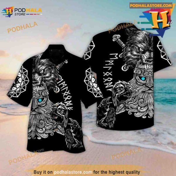 Viking Warrior And Wolf Hawaiian Shirt, Hawaiian Outfit For Men