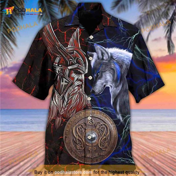 Viking and Wolf Colorful Hawaiian Shirt, Short Sleeve Button Shirt