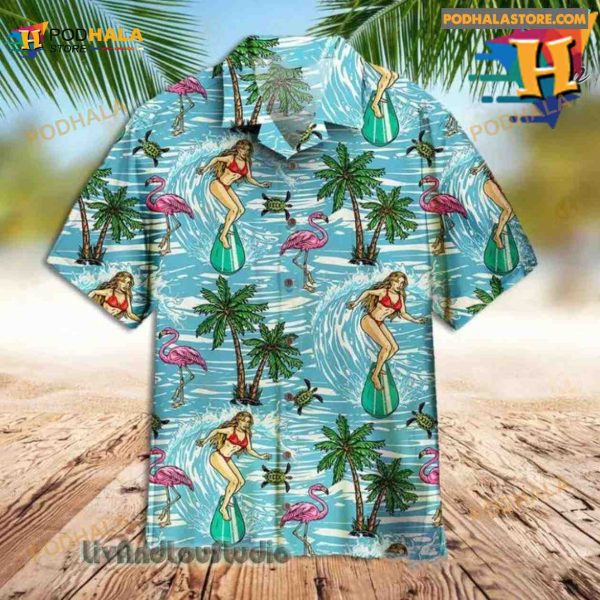 Vintage Surfing Girl Hawaiian Shirt, Surfing Hawaiian Shirt