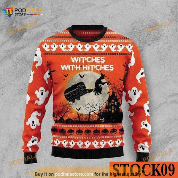 Witches With Hitches Halloween Orange 3D Ugly Sweater