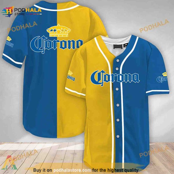 Yellow And Blue Split Corona Extra 3D Baseball Jersey Shirt