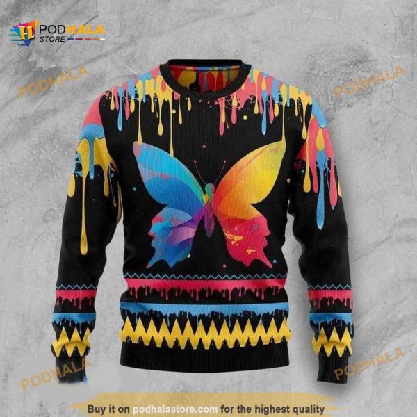 3D Christmas Funny Ugly Sweater Xmas Colorful Butterfly