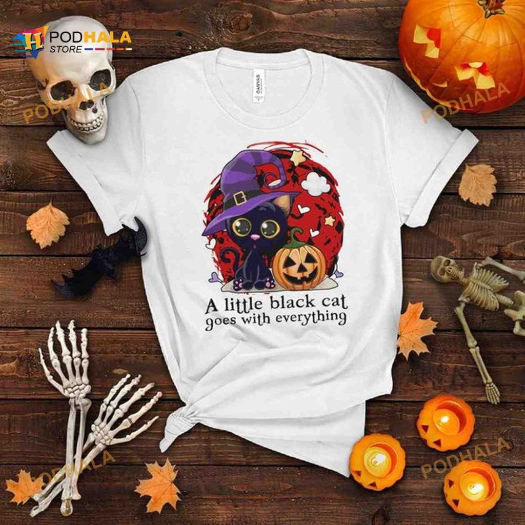 A Little Black Cat Goes With Everything Witch Cat Haunted Pumpkin Halloween Shirt