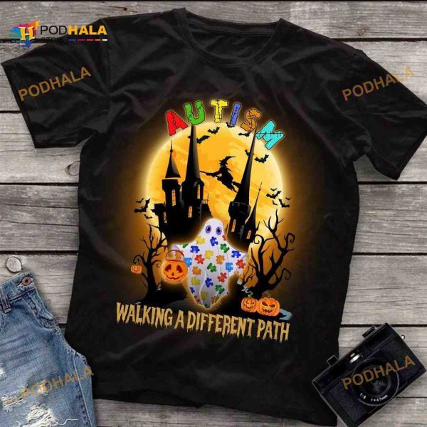 Autism Awareness Walking A Different Path, Ghost Autism Funny Halloween Shirt