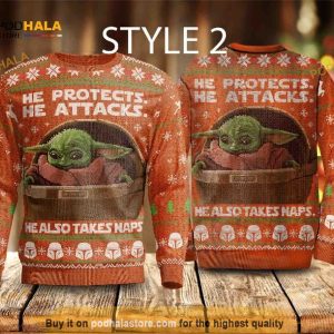 Baby Yoda He Protects He Attacks Ugly Christmas Sweater