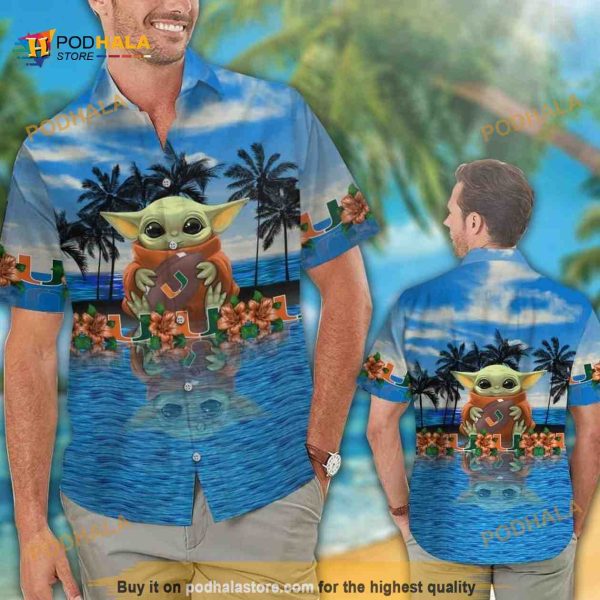 Baby Yoda Star Wars Hawaiian Shirt Loves Miami Hurricanes Summer Beach Gift