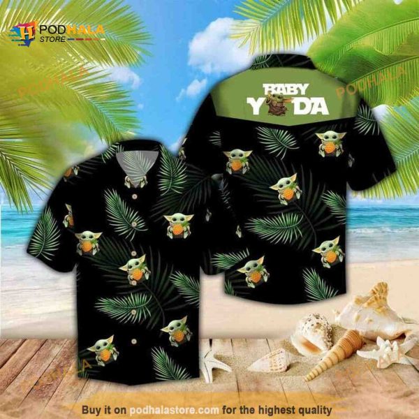 Baby Yoda Star Wars Hawaiian Shirt Palm Leaves Pattern On Dark Theme