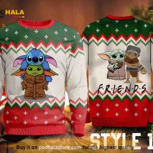 Baby Yoda, Stitch And Friends Christmas Sweater With Variation 1