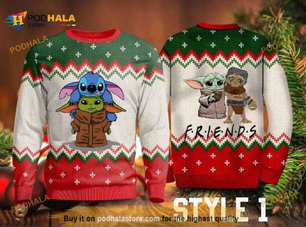 Baby Yoda, Stitch And Friends Christmas Sweater With Variation 1
