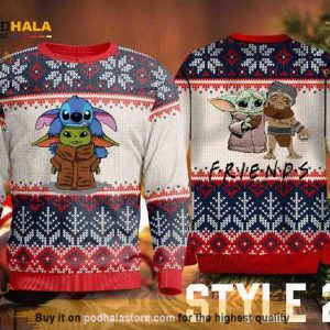 Baby Yoda, Stitch And Friends Christmas Sweater With Variation 2