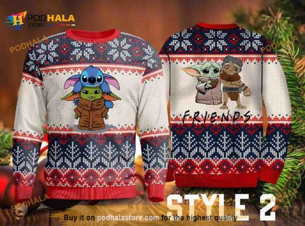 Baby Yoda, Stitch And Friends Christmas Sweater With Variation 2