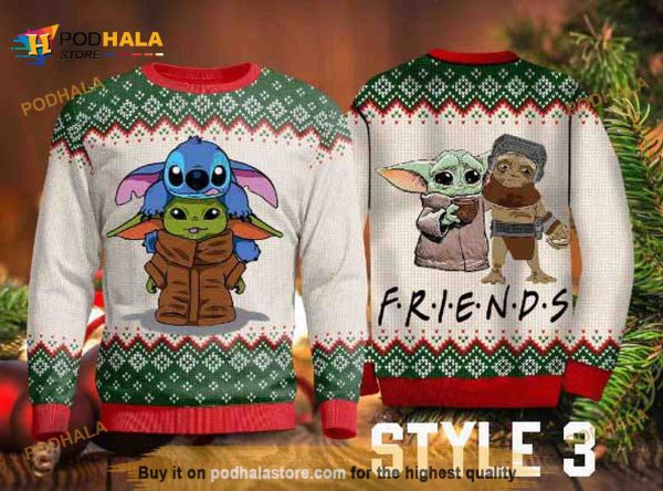 Baby Yoda, Stitch And Friends Christmas Sweater With Variation 3