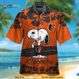 Baltimore Orioles Coral Hibiscus Green Banana Leaf Black Background 3D  Hawaiian Shirt Gift For Fans - Freedomdesign