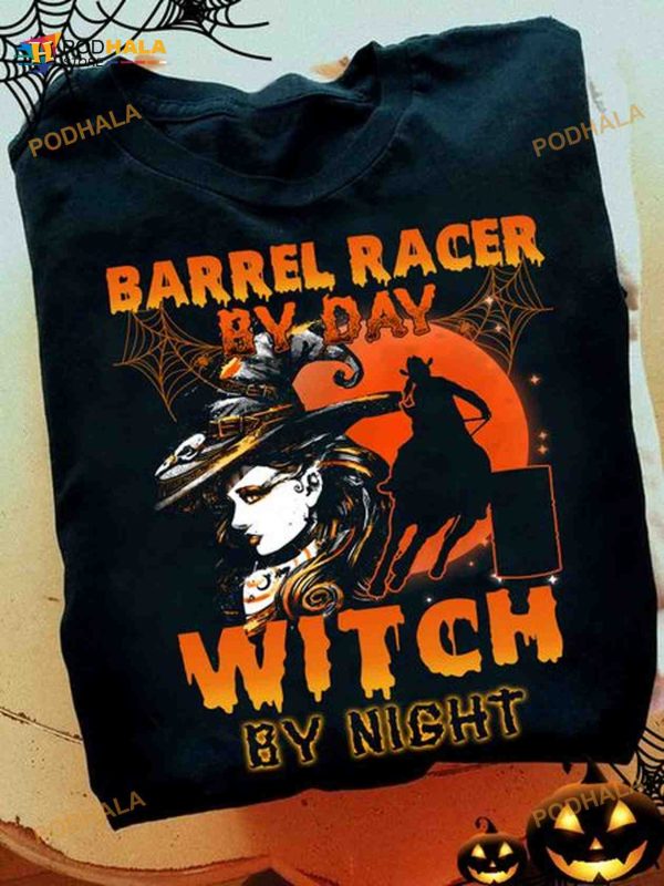 Barrel Racer By Day Witch By Night Horse Spider Web Funny Halloween Shirt