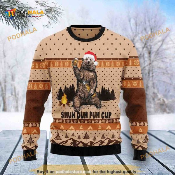Bear Camping Christmas Shuh Duh Fuh Cup 3D Funny Ugly Christmas Sweater
