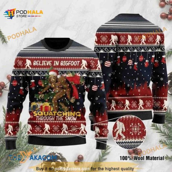 Believe In Bigfoot Squatching Through The Snow Funny Christmas Ugly Sweater