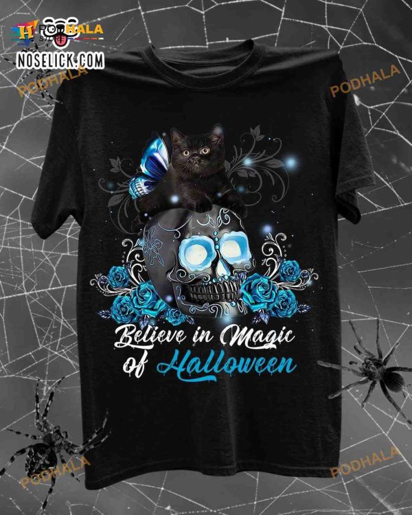 Believe In Magic Of Halloween Shirt, Black Cat And Skull Costume